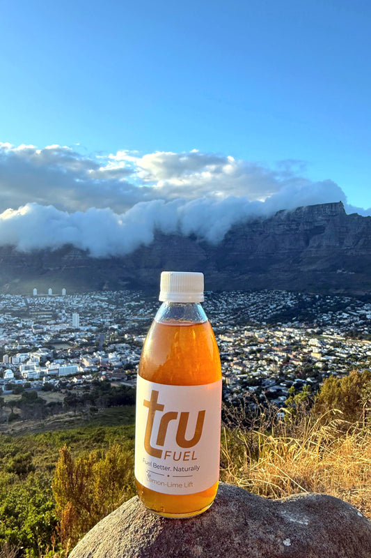 tru Fuel bottle with Table Mountain in the background