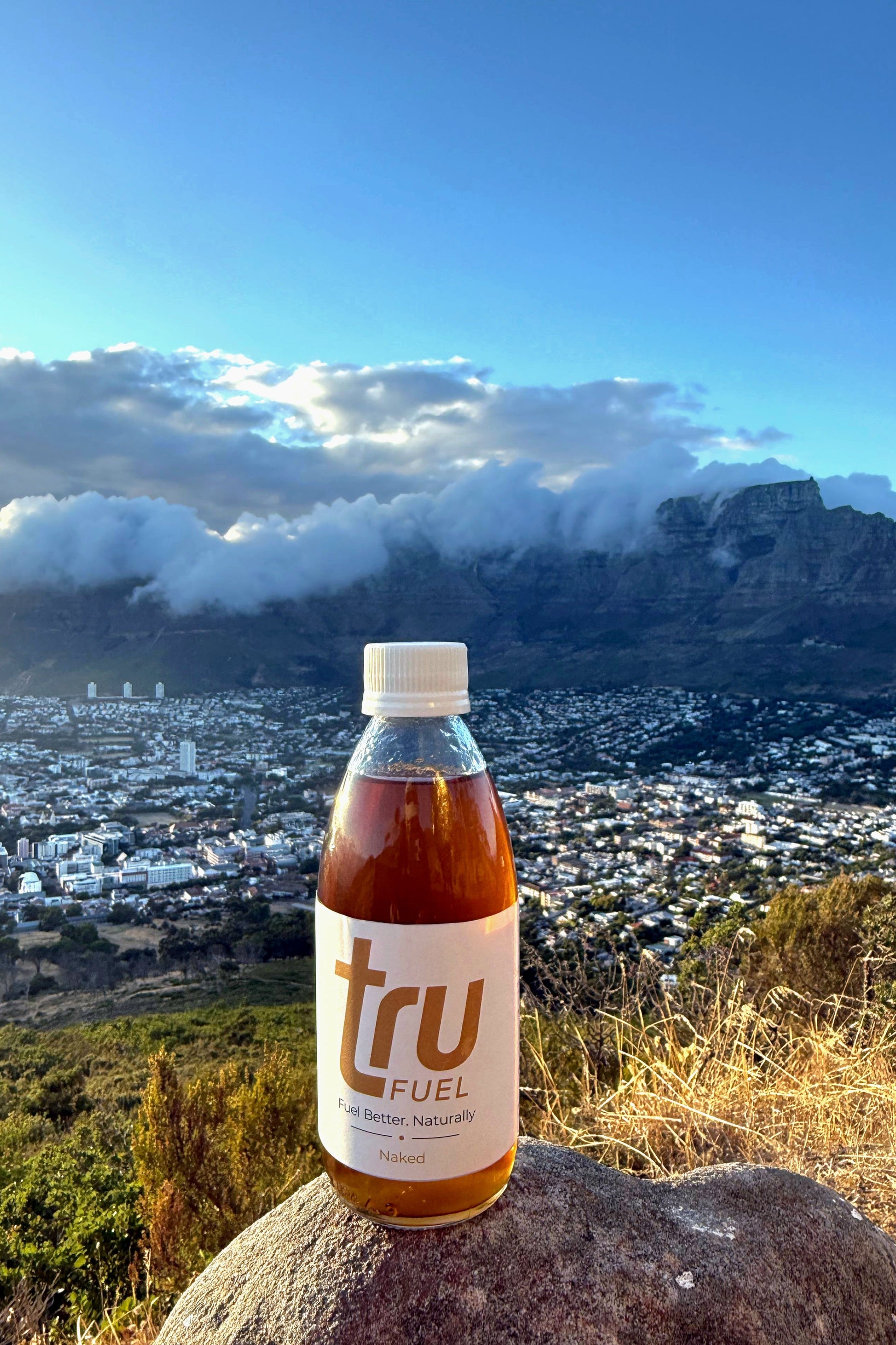 tru Fuel bottle with Table Mountain in the background